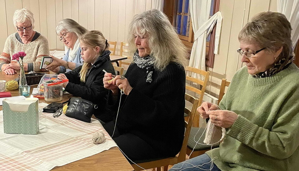 Nokre av deltakarane kosar seg – i starten med vanleg handarbeid. damer og jente som strikker
