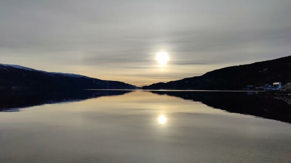 Kalkstranda Surnadal. Blikkstille fjord. En fjord. Stille vann.