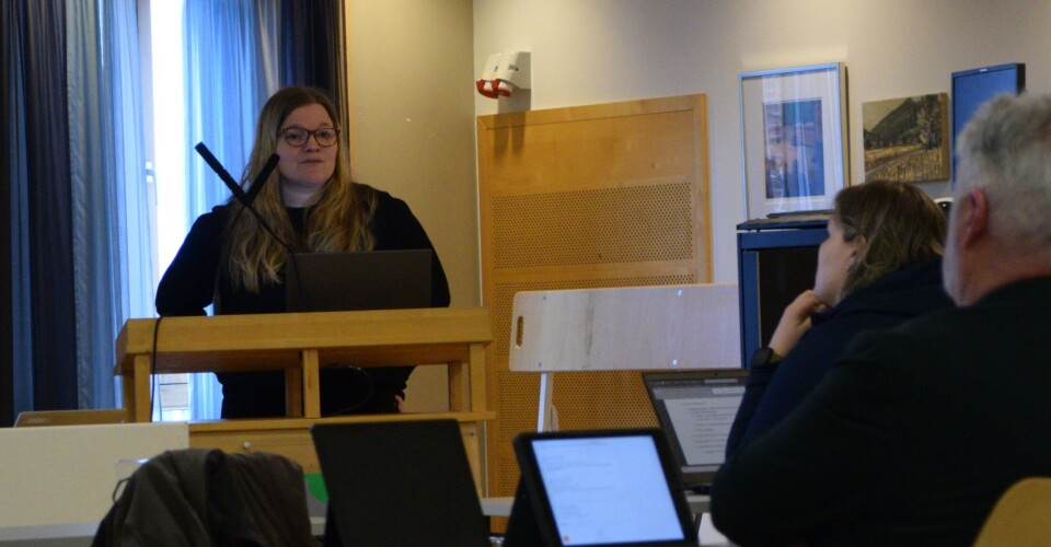 Jorid Aarvåg. Ei dame på talerstolen i et møte.