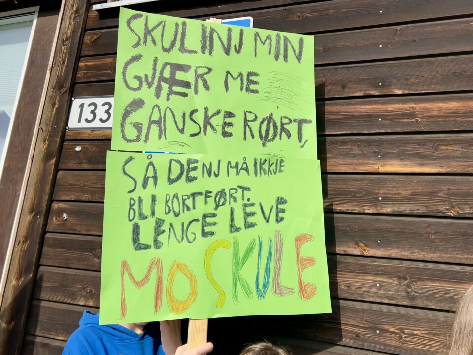 Elevene hadde skrevet plakater med klar melding til politikerne. Plakat med teksten: Skulinj min gjær me ganske rørt, så denj må ikkje bli bortført. Lenge leve Mo skule.