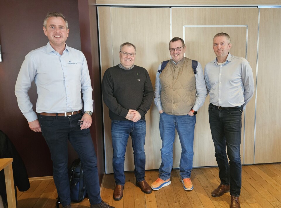 Leder i Surnadal Næringsforening Bergsvein Brøske sammen med noen av bidragsyterne på torsdagens frokostmøte. Fra venstre daglig leder i Takstmann Øyås Nils Håvar Øyås, Ordfører i Surnadal Hugo Pedersen, Bergsvein Brøske og Kommunedirektør Lars Inge Kvande. Bilde av fire menn foran en vegg