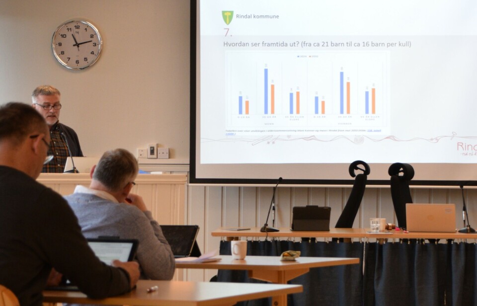 Fødselstallene i Rindal varierer fra år til år, men trenden er synkende. Et kommunestyremøte.