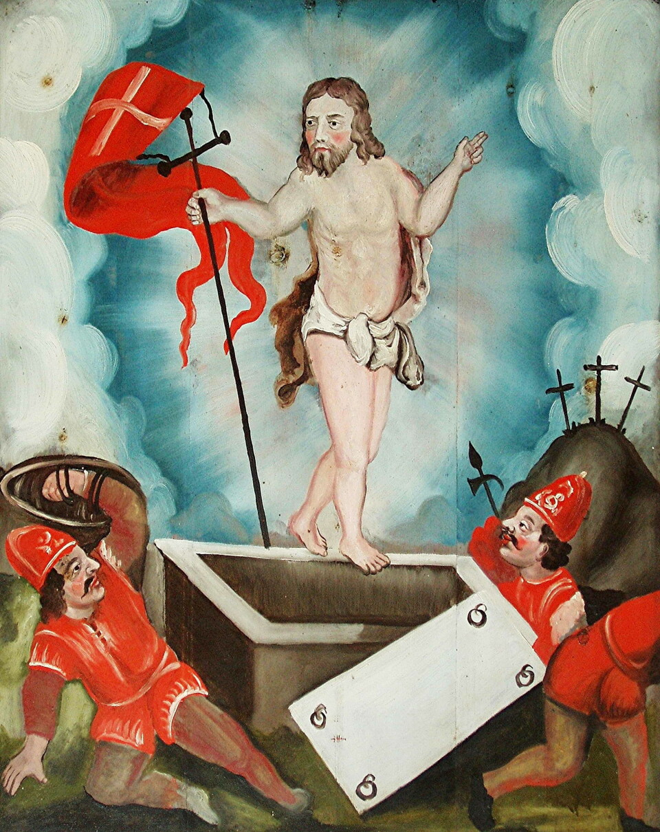 «Oppstandelsen» Ole J. Kolset – måla i 1763 på altartavla i Petter Dass-kyrkja Alstahaug i Nordland. Maleri av Jesus som stiger ut av graven, med tre vakter