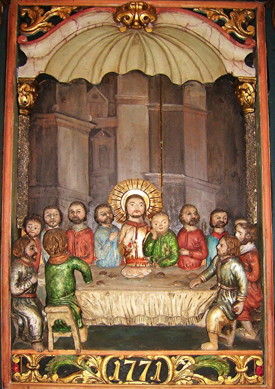 Ole Joensen Kolset laga tavla til nye Bremsnes kyrkje i 1771. Bilde av et maleri med Jesus og disiplene