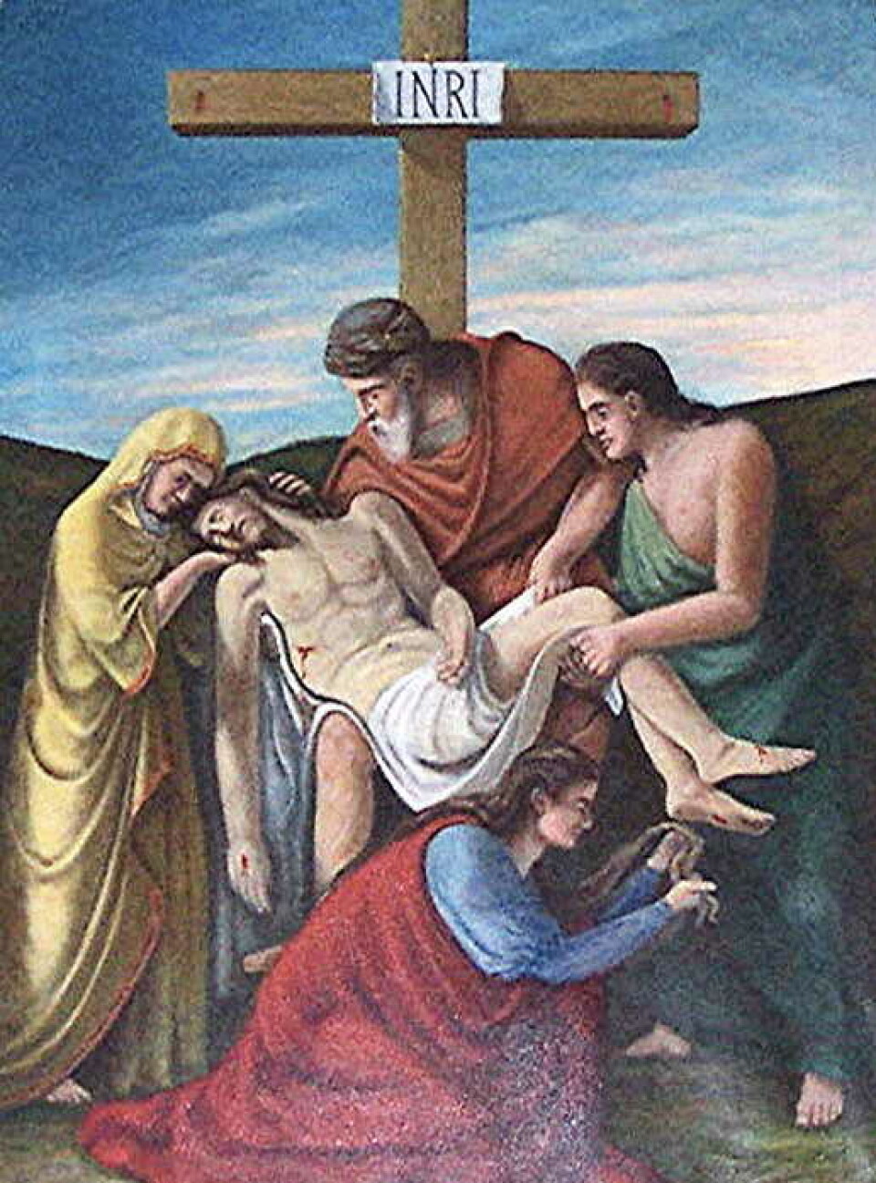 «Nedtagelsen av korset» er Conrad Valeur sitt motiv i Alta kyrkje (1913). Bilde av maleri hvor to menn og to kvinner tar Jesus ned fra korset