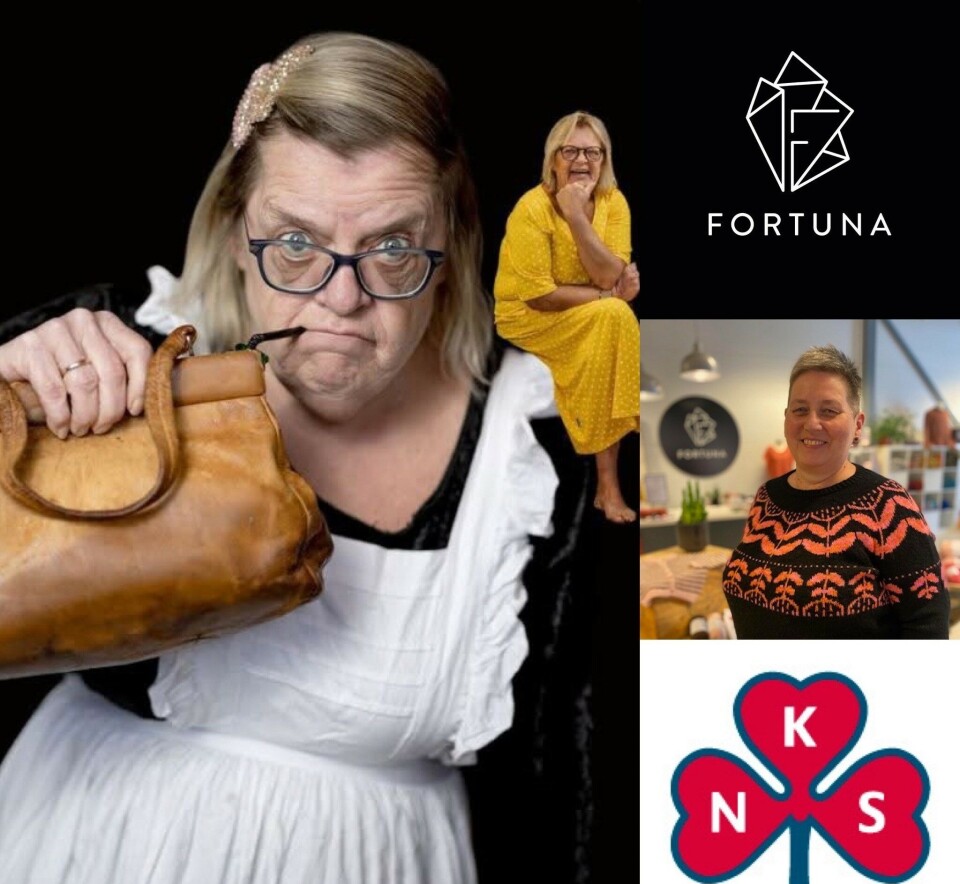Besøkende på Hyggekveld på Skogsletta Bildet er 4.delt. en reklame på Foruna, nedenfor er en kortklipt dame i strikkengenser. Nederst er logo til Norske kvinners sanitetsforening. venstre halvdel er en dame i hvitt forskle med en brun veske foran seg