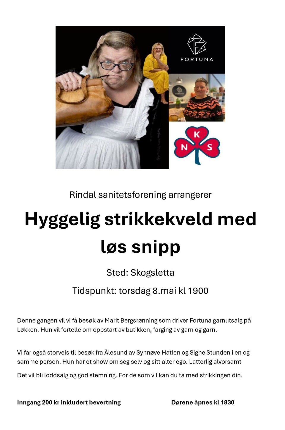 Hyggelig strikkekveld med snert Plakat for strikkekveld.