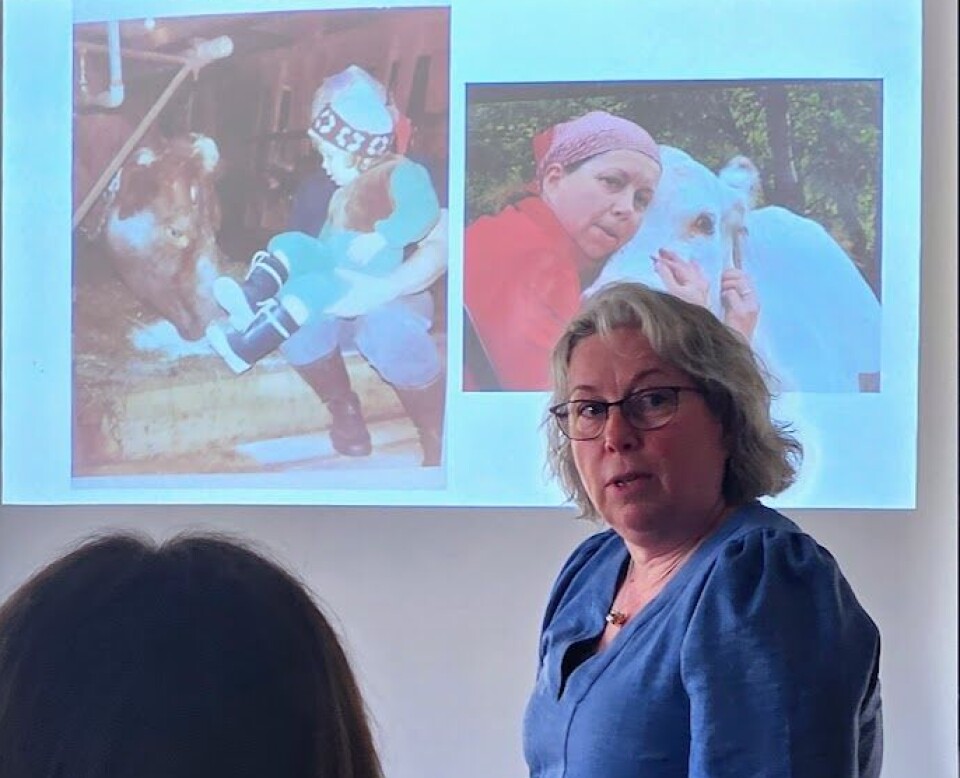 Anne Berit Sæther dyrker økologisk korn og har sauer og kyr på gården i Vanvikan. På sommeren har hun seterdrift med egen festival og melkeforedling. Ei dame som viser bilder og snakker til ei forsamling.