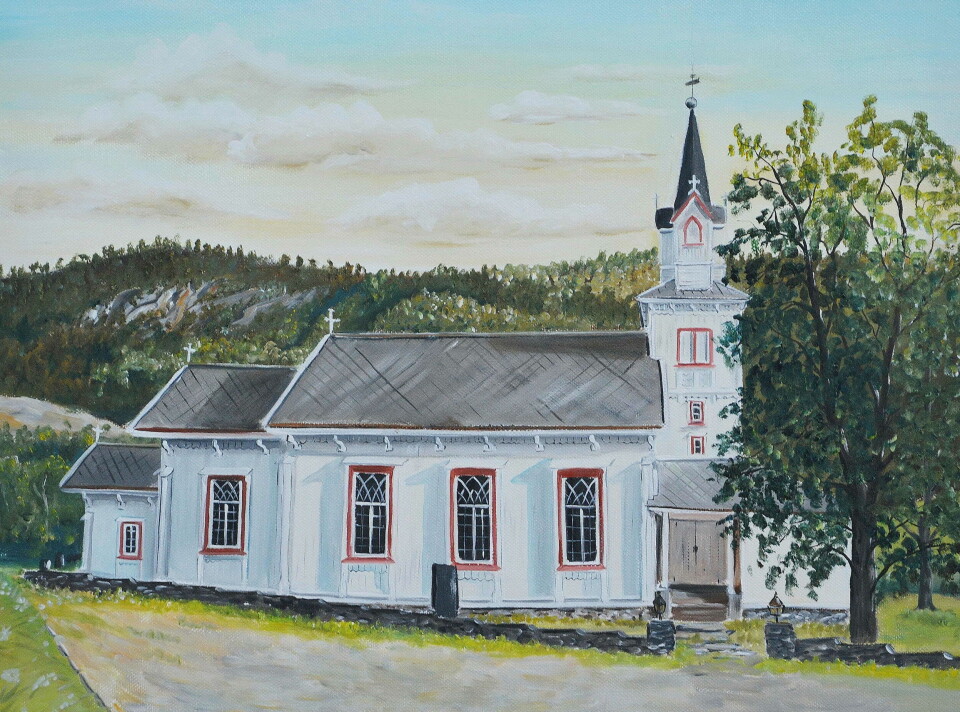 Åsskard kyrkje. Eit måleri av ei kyrkje.