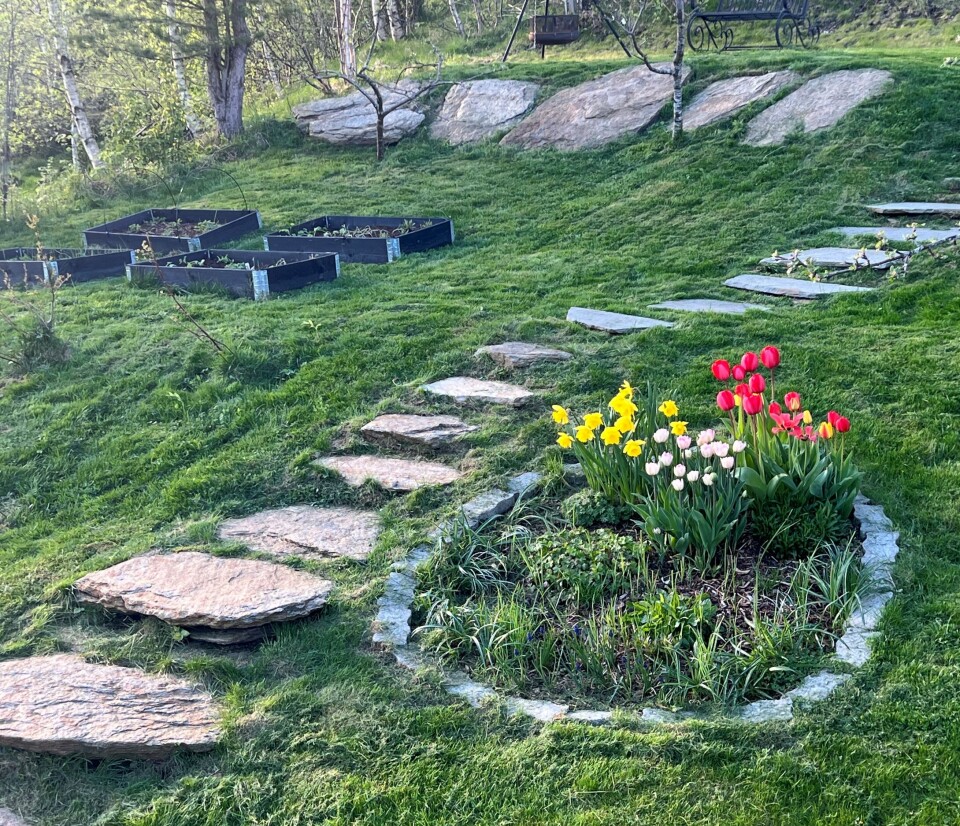 God morgen 11. mai hage med trapp og blomster