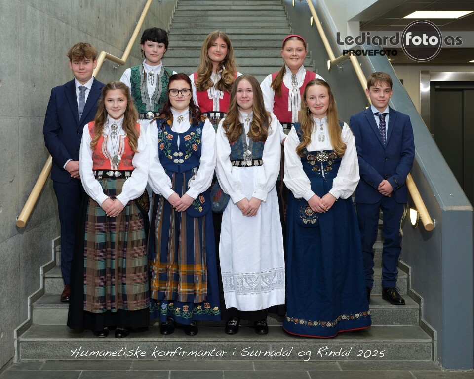 De humanistiske konfirmantene i Surnadal og Rindal Sju unge jenter i bunad, og to unge gutter i dress, oppstilt for fotografering i ei betongtrapp.