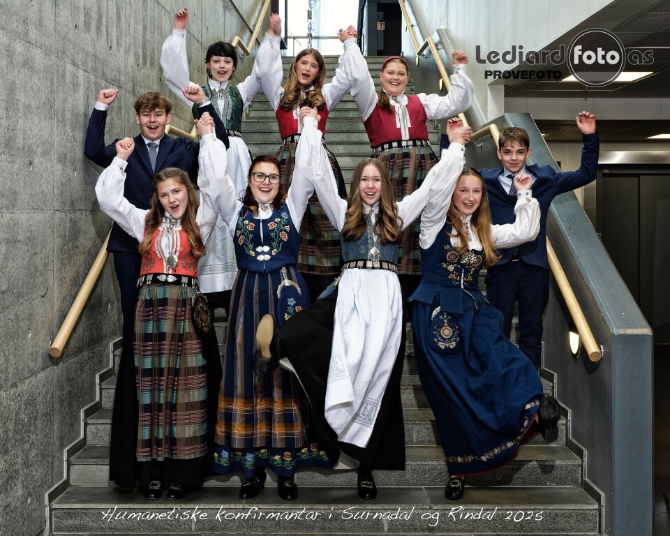 De humanistiske konfirmantene i Surnadal og Rindal Sju unge jenter i bunad, og to unge gutter i dress, oppstilt for fotografering i ei betongtrapp. Alle jubler.