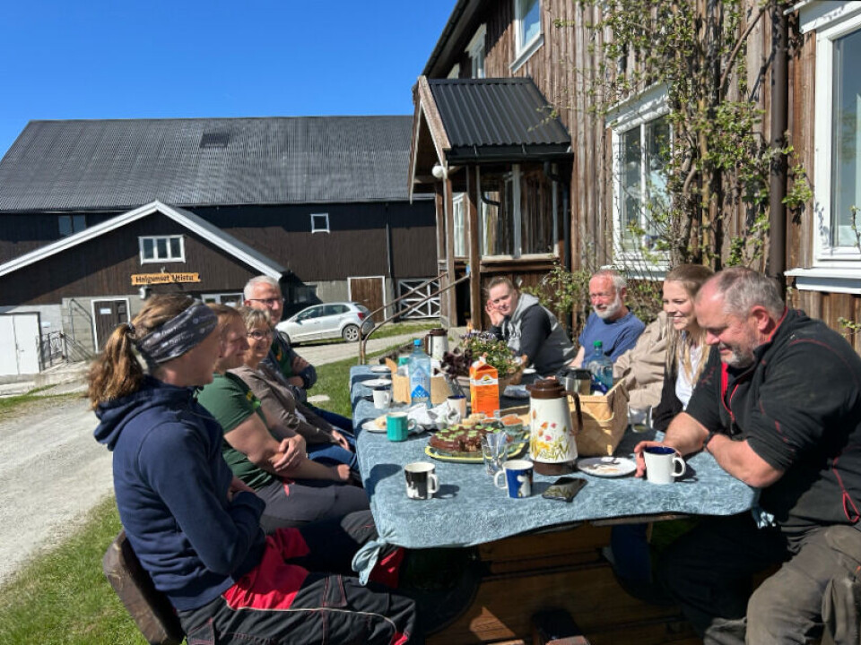 Lunsj ute på tunet på Halgunseten. Flere personer rundt et kaffebord ute på et gårdstun.