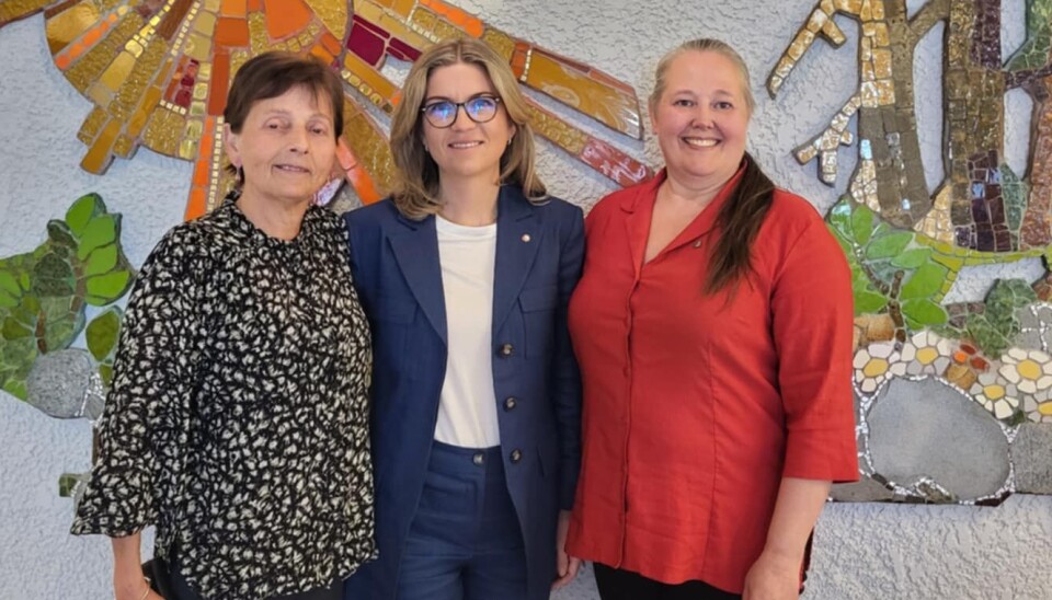 Et besøk på kommunehuset hører med når man besøk fra Finansdepartementet. Fra venstre Lilly Gunn Nyheim, Sissel Kruse Larsen og Anett Ranes. tre damer står foran en vegg.