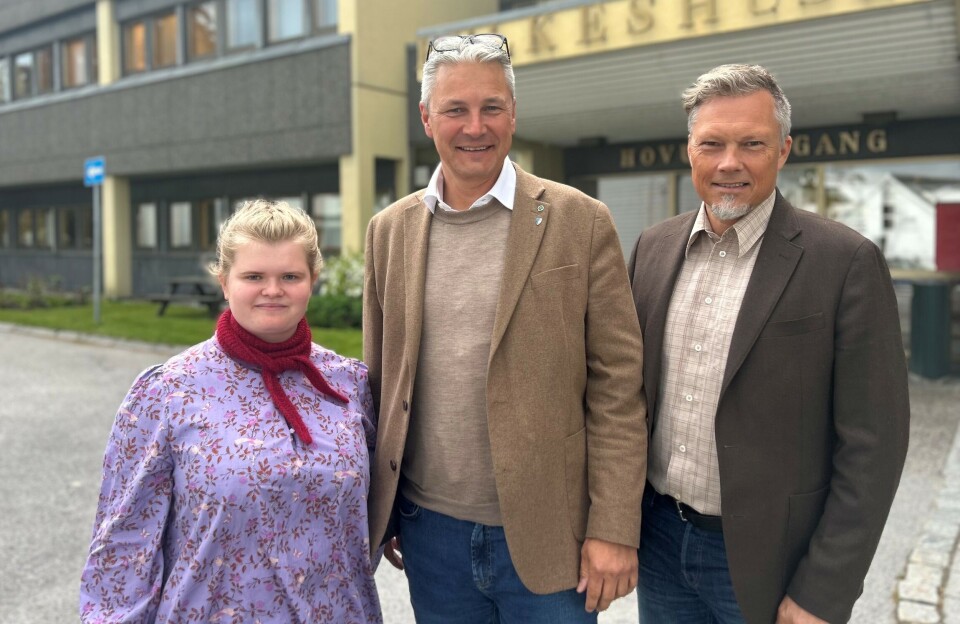Fv. Dordi Lerum, Henrik Stensønes og Per Ivar Lied, Senterpartiet i Møre og Romsdal. Ei dame og to menn, oppstilt til fotografering,