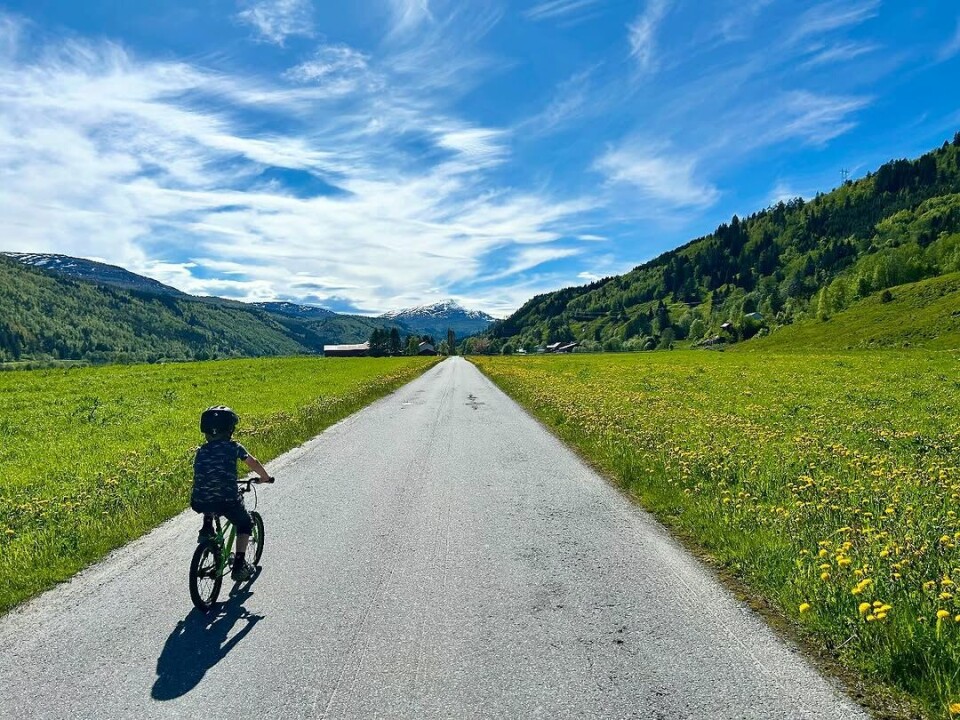 F I N - For en fin dag! Glade for å bo i det grønne og med vei man kan sykle trygt på😀 Et barn på tråsykkel på en øde landevei.