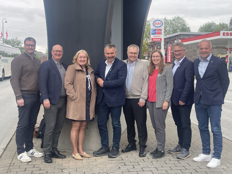 F.v. Henning Torset, Ståle Refstie, Ingrid Rangønes, Knut Sjømæling, Hugo Pedersen, Ingrid Waagen, Svein Roksvåg, Kjell Neergaard Åtte personer oppstilt på en midtrabatt på en vei.