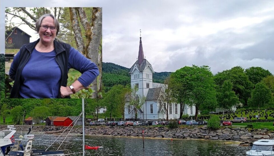 'Dordi i 80' - åpen overraskelseskonsert i Stangvik kirke andre pinsedag Bilde satt sammen av to. Ei smilende dame, og ei kirke.