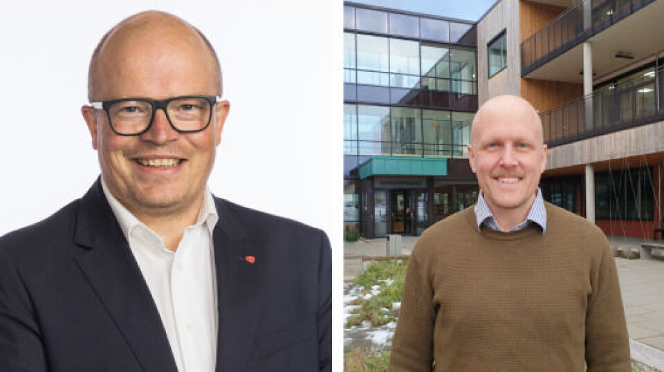 Per Vidar Kjølmoen og Kristian Blindheim To menn, enn i dress og en i brun genser