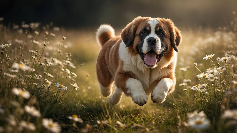 Sanktbernhardshund. En sanktbernhardshund som løper i gresset.