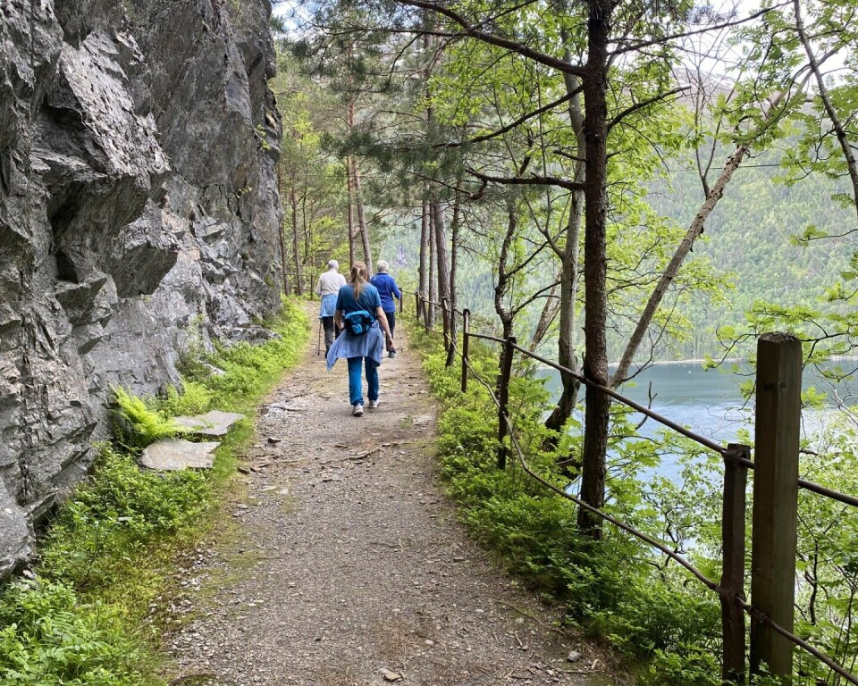 Stavgangtur til Svinvika Tre mennesker som går på en sti.