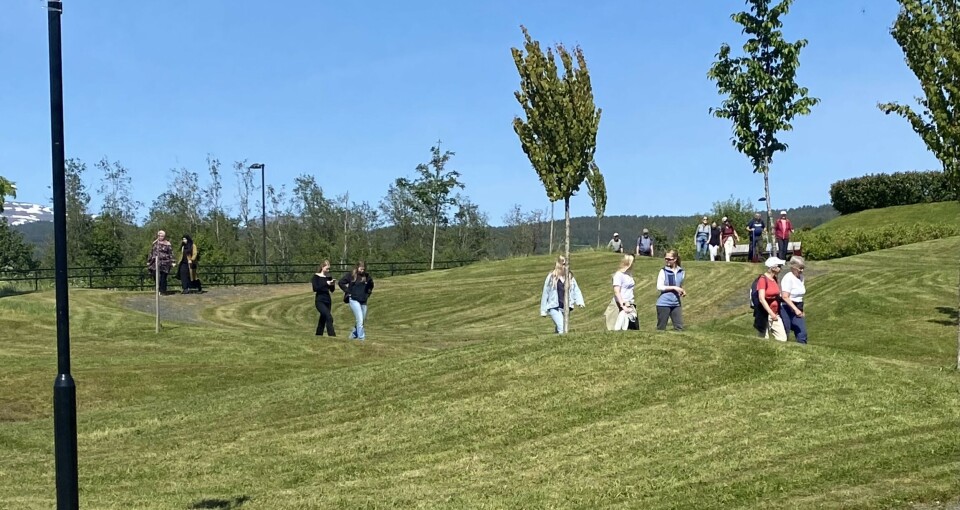 Mennesker går langs gressvoll