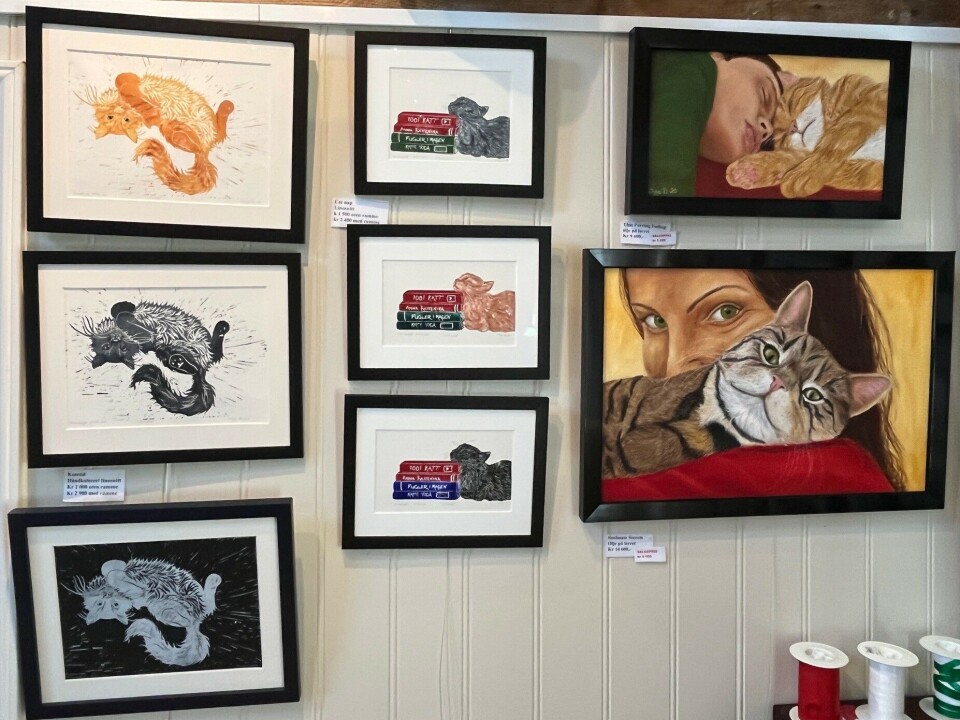Noen av de mange kattebildene som Inga har til salgs på Dalalåven atelier. En vegg med malerier og trykk.