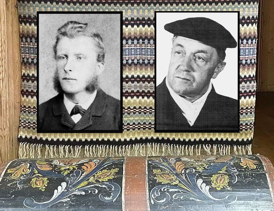 Samlarane Kristian Halse og Edvard Bræin har lagt over tusen folketoneperler i den nordmørske skattkista! Bak bileta eit åkle som «nordmørsvevens førstedame» Johanna Halse, kona til Kristian, har vove. Fotomontasje med to gamle portrettbilder, et åkle og ei gammel kiste.