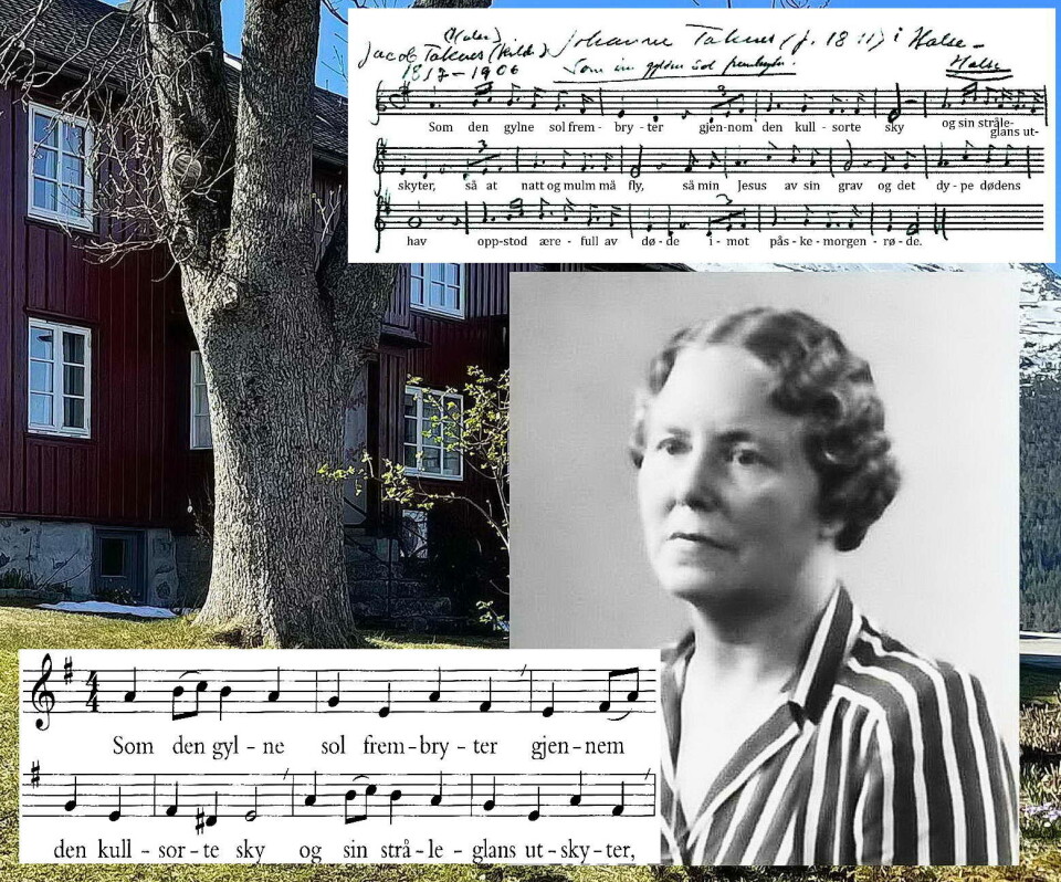 Etter Johanna Taknes har vi «Som den gylne sol» i salmeboka. Ho song den til Bræin i versjon etter bestefar Jakob Taknes – øvst. I salmeboka er den litt enklare (nedst). Eika her framfor Taknes-stua i Halsa var det Johanna som planta i si tid. Fotomontasje av et hus, noter og et gammelt portrettbilde av ei dame.