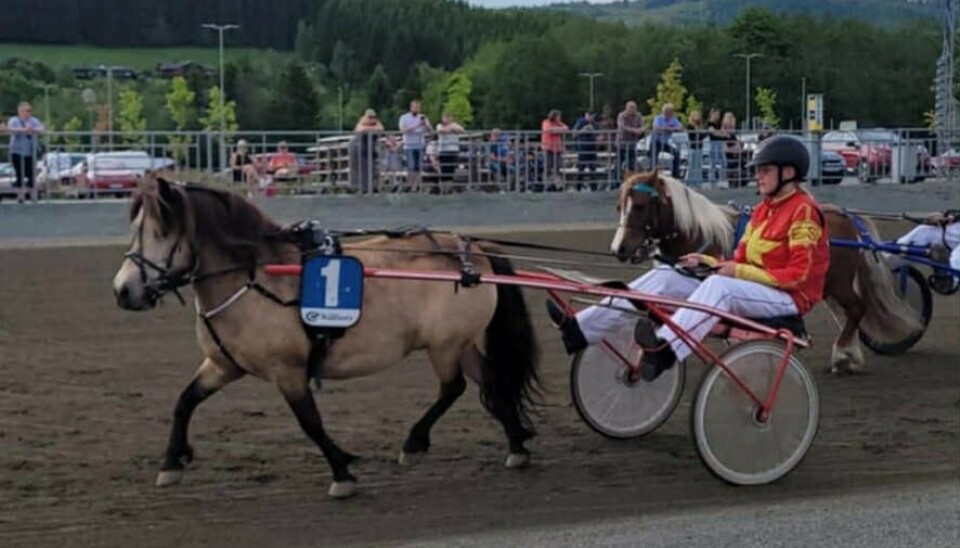 Ane Viktoria Engset Halle og Angel Melody like etter start. En ponni med sulkey og kusk i et travløp.