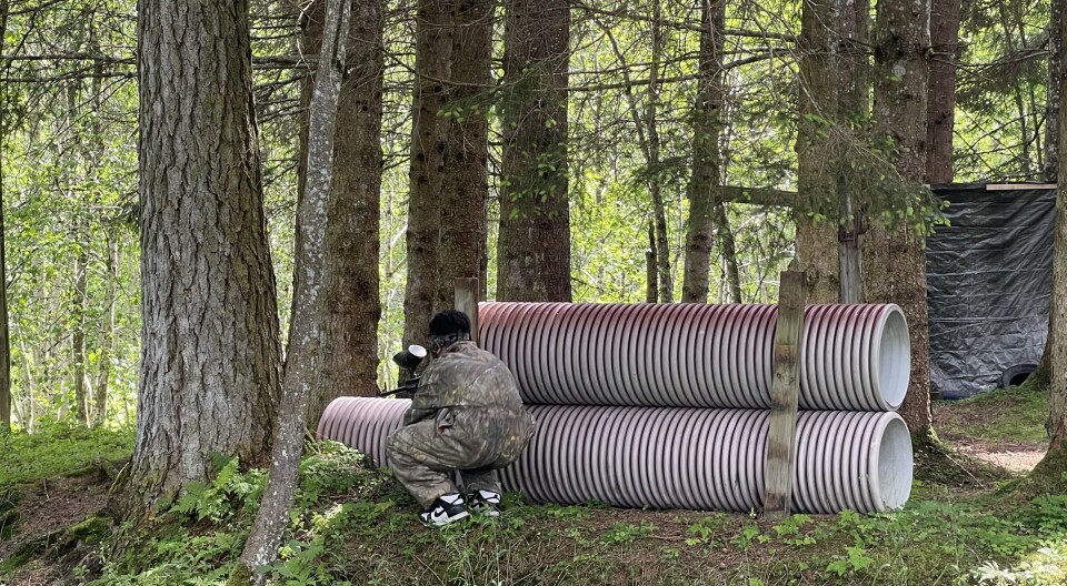 Det var mange gjemmesteder tilgjengelig og mye spenning i å vente på angrep to rører som ligger i skogen. En ungdom sitter på huk bak dem. Store trestammer rundt