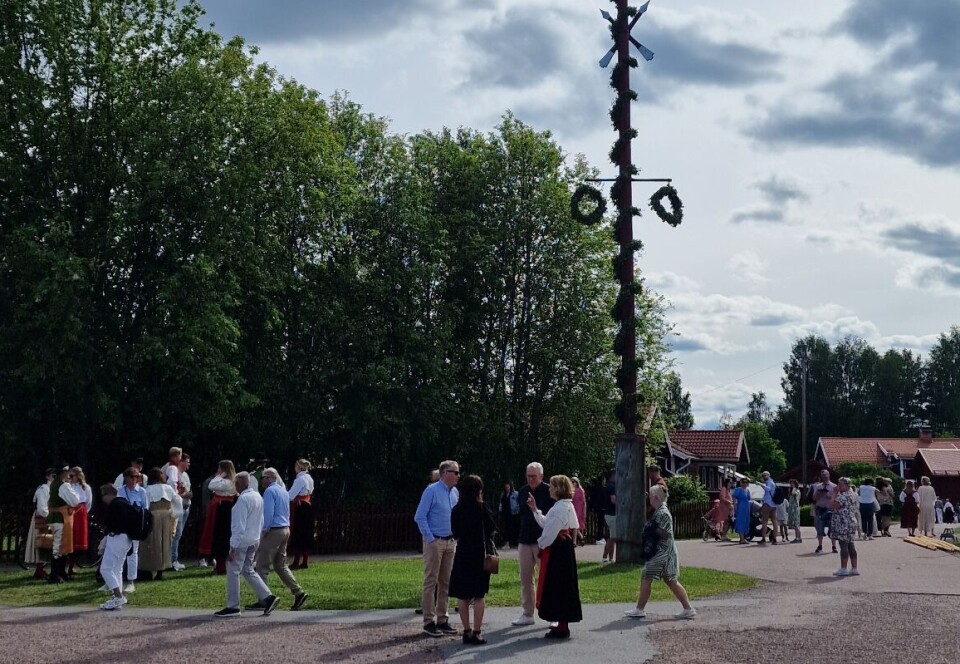 Maistangreising i kjempevær Mora. Sverige Festkledde folk med høy midtsommerstang