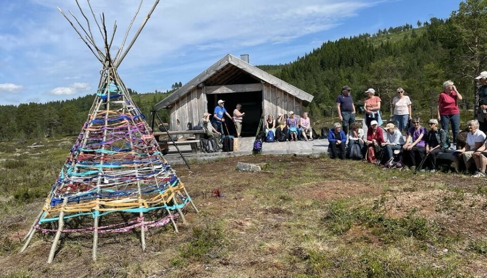 Dette flotte kunstprosjektet livar opp attmed gapahuken En slags tipi med fargerike bånd foran kvilebua