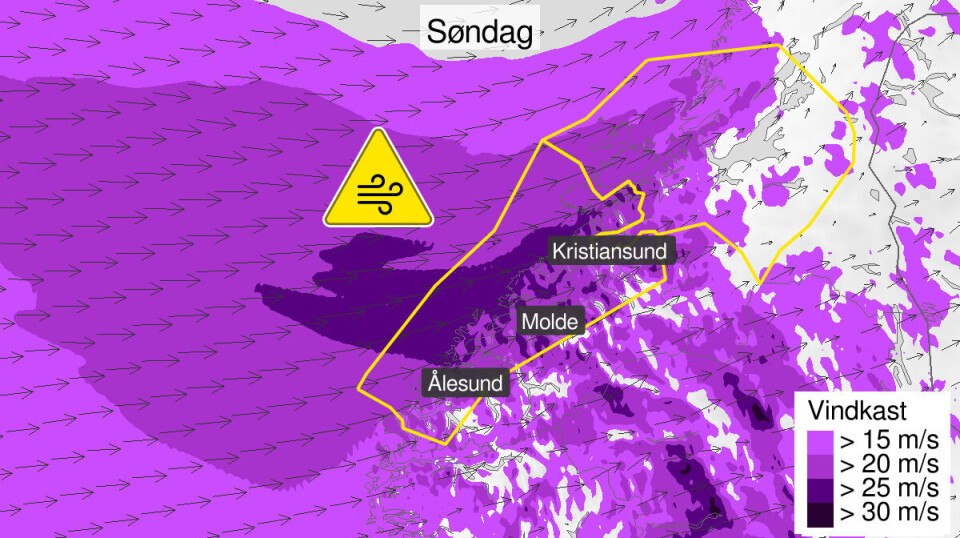 Dårlig vær i vente: Varsel om mye regn, kraftige vindkast og jordskredfare på søndag Et kart som viser fare for kraftige vindkast.