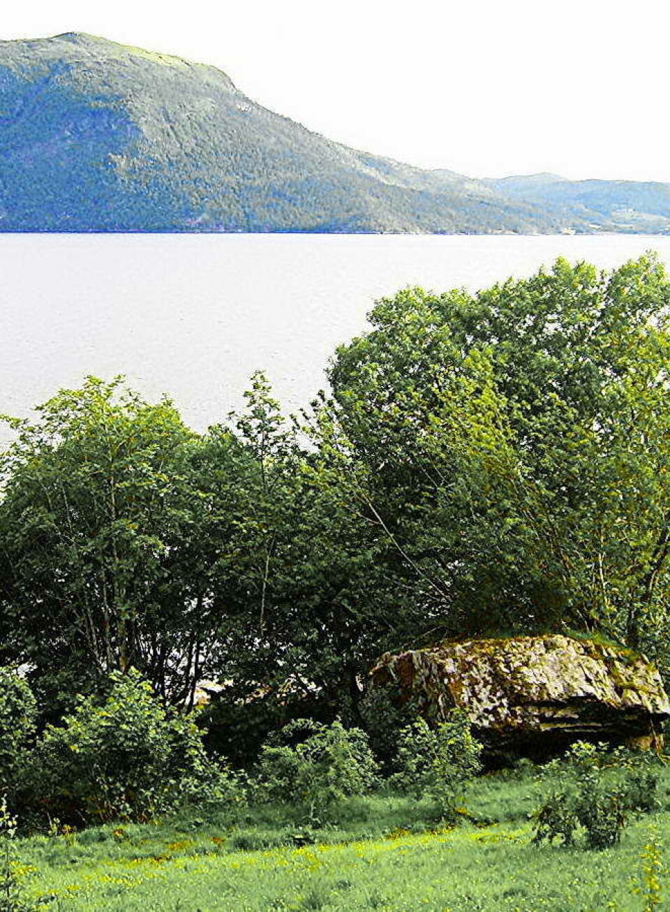 Eventyrlandskap: Jutulen på Svinnesnebba kasta denne steinen over til Heggemsneset – difor er den skilta ”Jutulsteinen”. En stor stein, fjord og fjell.