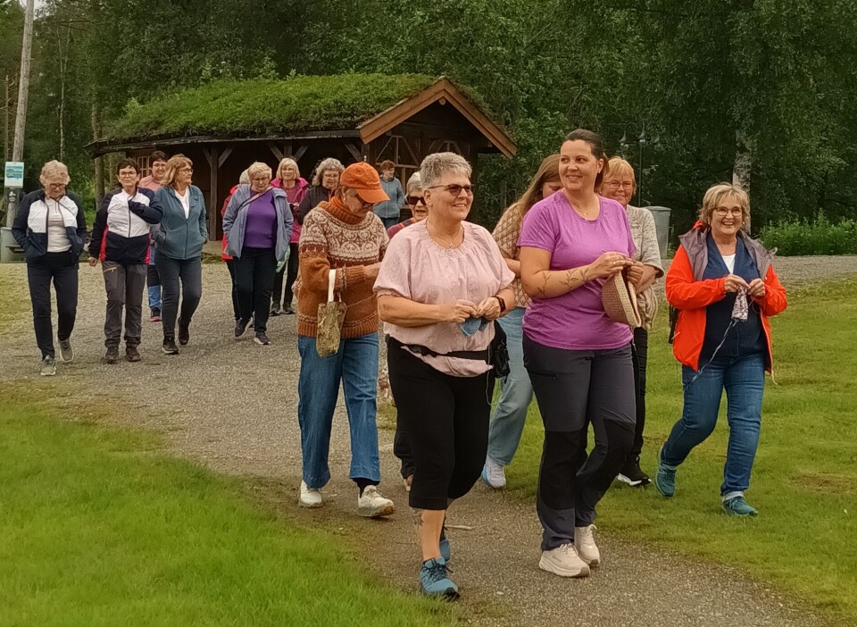 Humørfylt gåstrikk rundt Tjønna Flere damer som går og stikker.