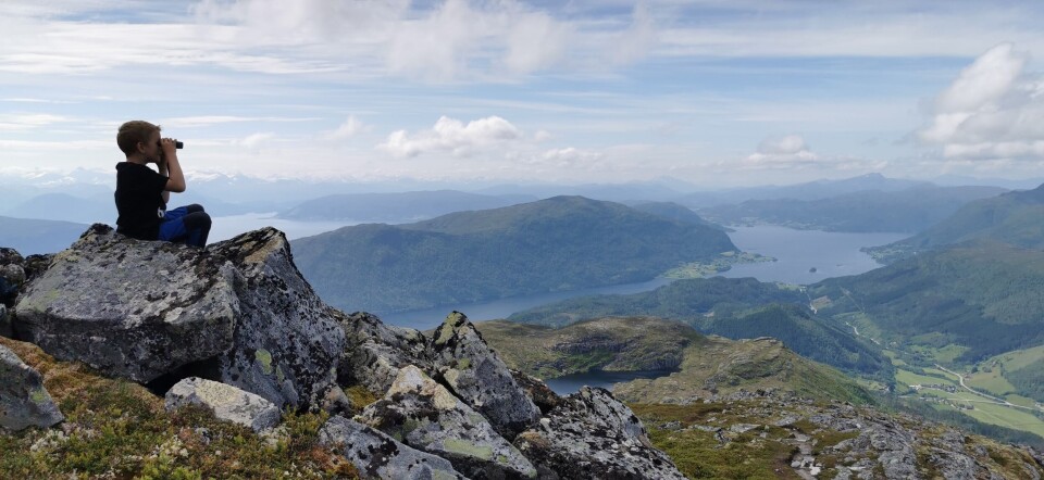 Førskolebarna på tur til Hjelmen En liten gutt som sitter på en fjelltopp og ser utover med kikkert.