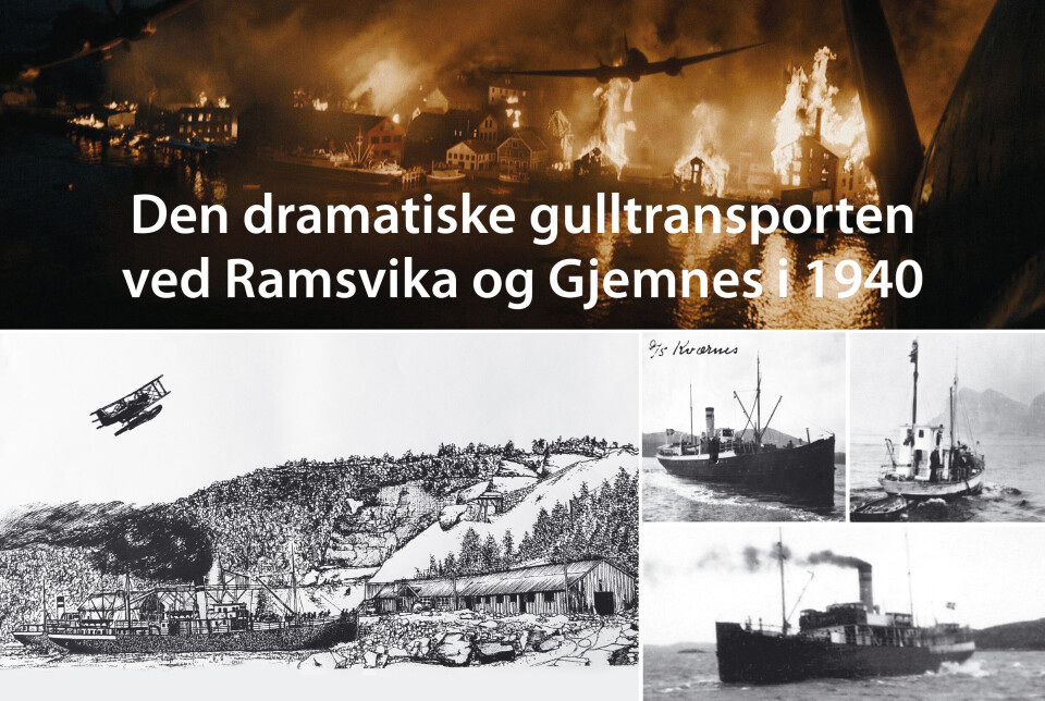 Vignett på lerretet til eit spennande tema. Fotomontasje med bilde av by som brenner, gammelt fly og tre båter