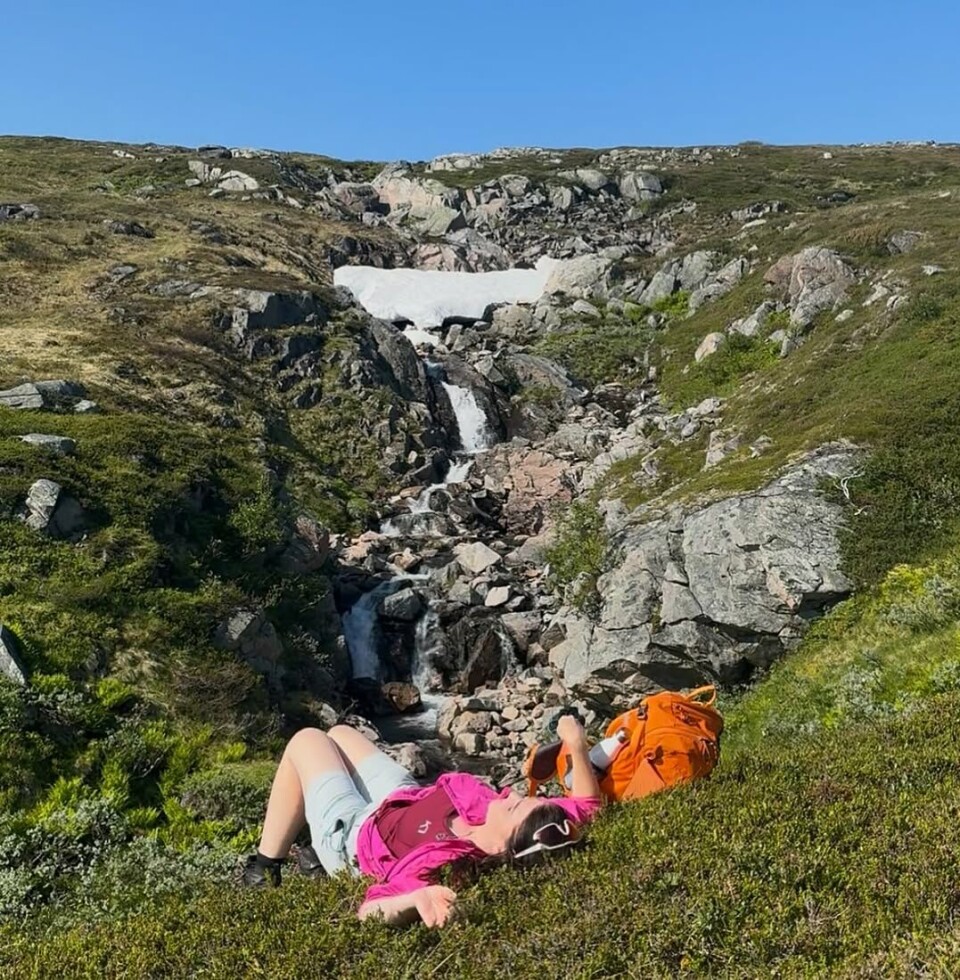 Ein kvil til fossebrus fra Kjølbekken nedenfor Ura i Trollheimen ⛰️ Ei dame som ligger og hviler i lyngen ved en liten foss.