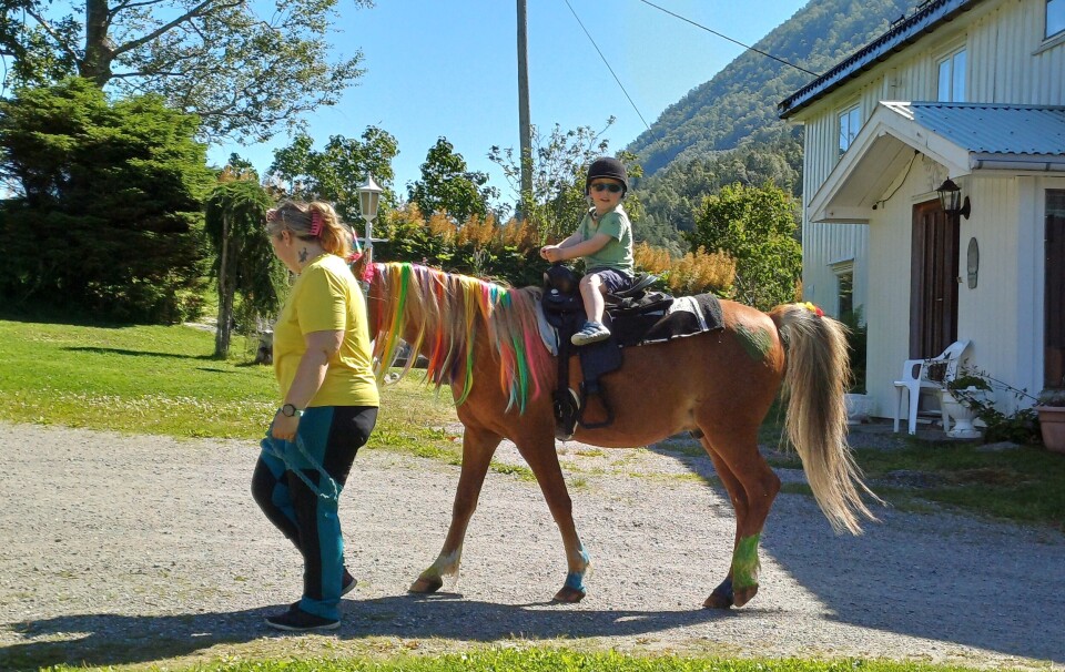 Hesteridning ved Børeiten Ei dame som leier en hest med en liten gutt i salen.