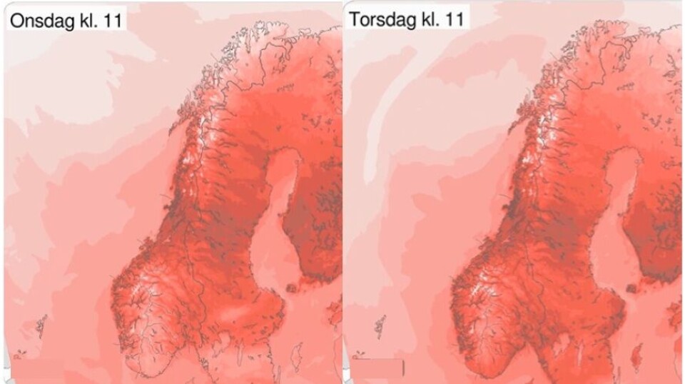 Varmen topper seg - opp til 35 grader! To kart over Norge.
