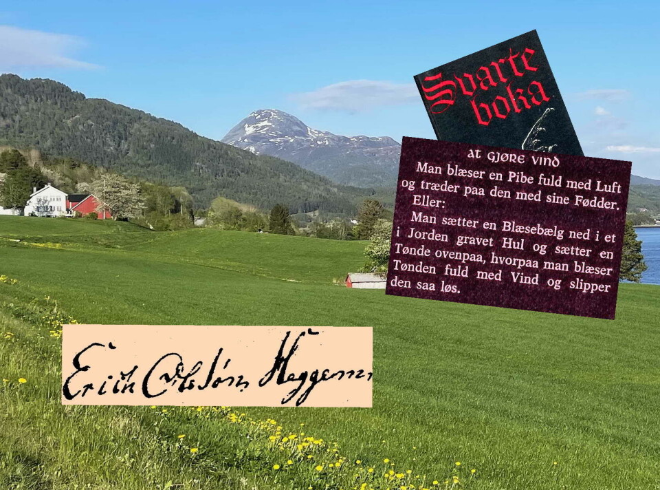 Her på Lånna-ekra (Heggem) budde mystikaren Erk. Ei konkret historie fortel at han bruka Svartboka (med regler som her) og trylla fram motvind for ein sildtjuv ... Et landskapsbilde med noen bilder med tekst innfelt.