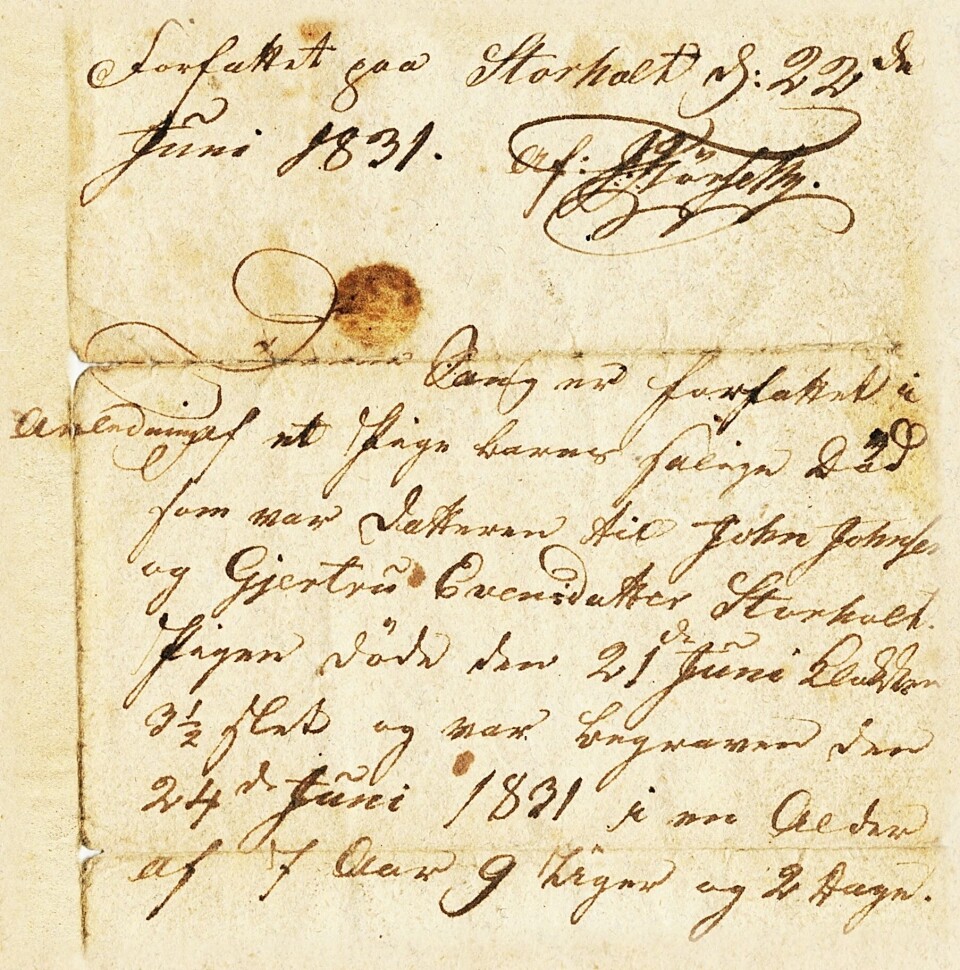 Jo Sengen gav ut over 50 eigne salmar. Her autograf med innleiing til sørgesong for ei 7-årig jente frå Storholt (1831). Et gammelt brev med snirkelskrift.