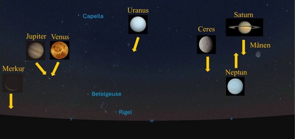Hele 6 planeter, samt Månen og dvergplaneten Ceres – det største objektet i asteroidebeltet – vil kunne observeres på himmelen samtidig 12. august under et av årets flotteste meteorregn! Illustrasjon av seks planeter.