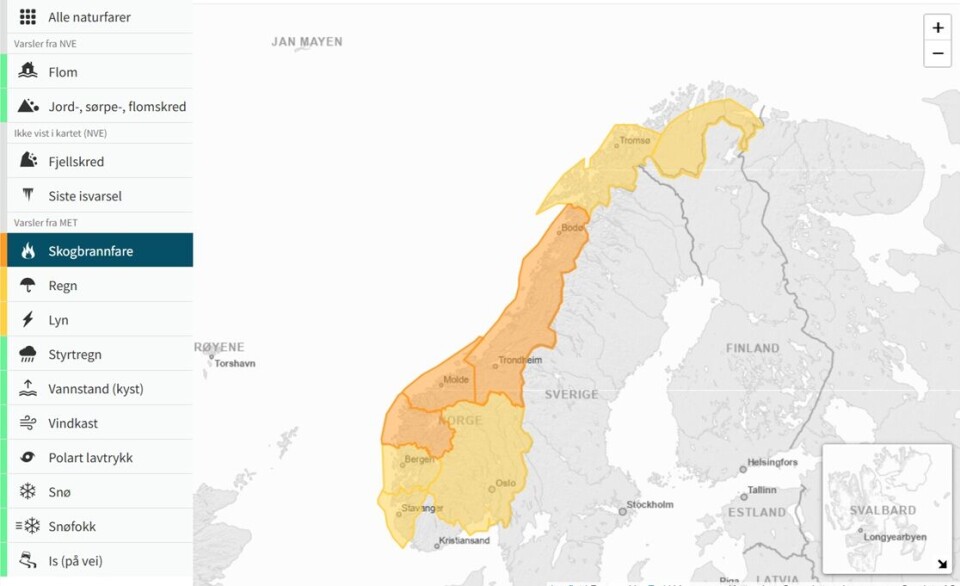 STOR skogbrannfare i hele Midt-Norge! Et Norgeskart med områder for økt skogbrannfare inntegnet.