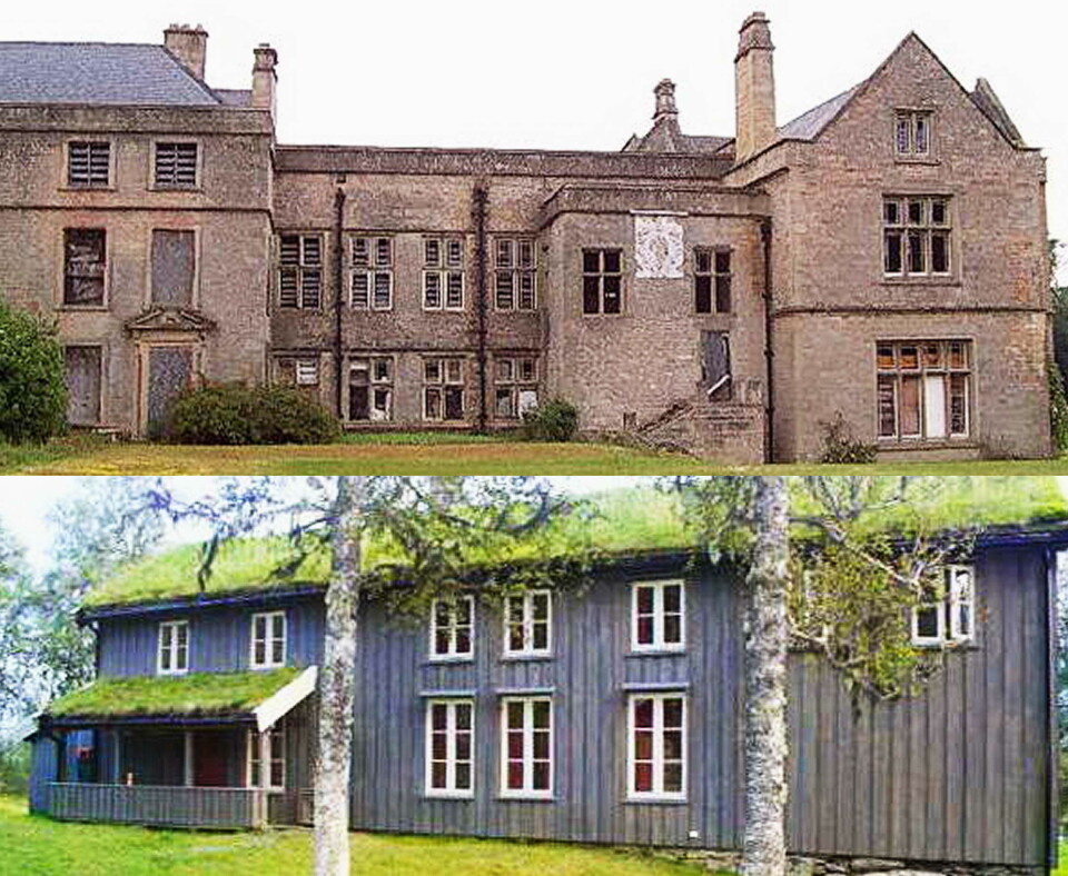 I herskapelege Annesley Hall (øvst) vart James Lawrence Chaworth-Musters fødd I 1901. Familien kjøpte markagarden Vaulen (under) i 1895 – med Jim (James) som eigar frå 1929. Et bilde sammensatt av to bilder. Det øverste er et stort hus på et engelsk gods, bygd av murstein. Det nederste er ei norsk trønderlån med torvtak.