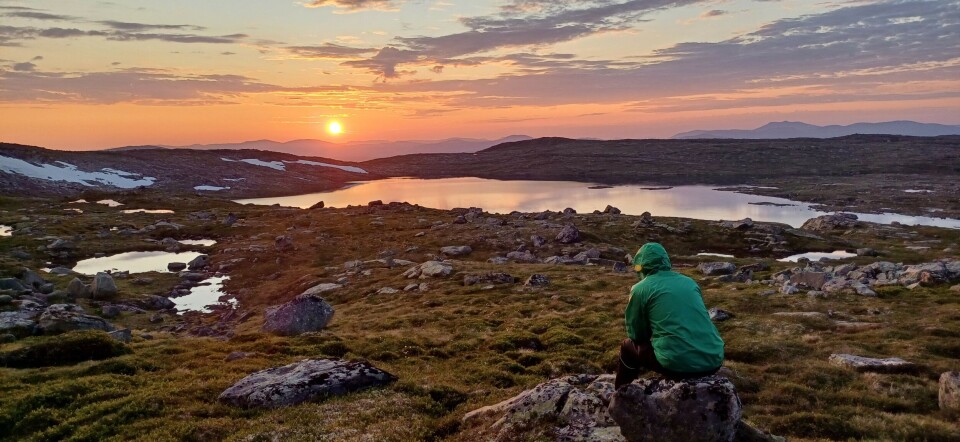 Utsikt fra øvre Skrommelvatn mot nedre Skrommelvatn. En solnedgang med flotte farger over to små vann på fjellet. En person sitter med ryggen til og ser utover.