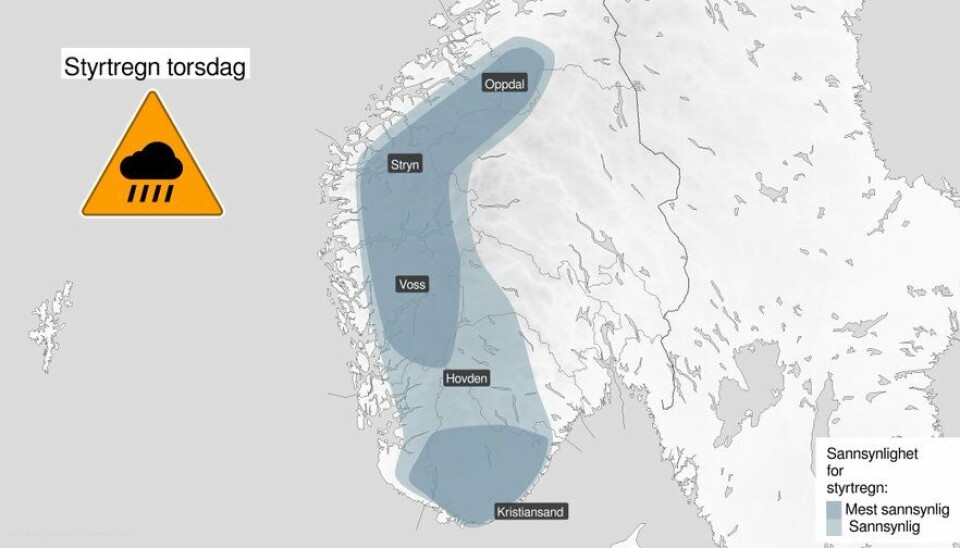 Ventes svært kraftige regnbyger kart som viser områder der det ventes regn