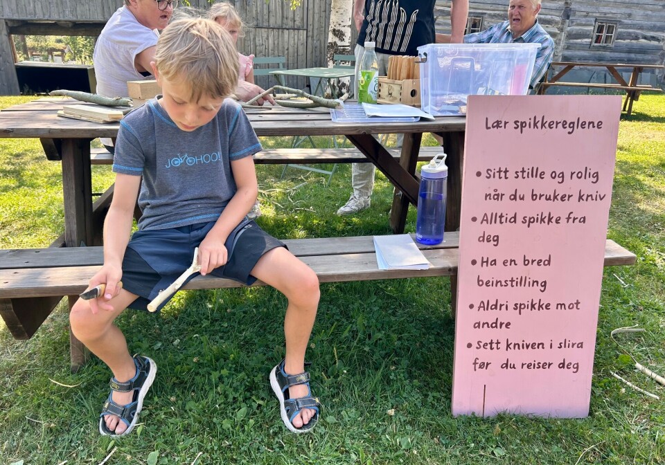 Rindal skimuseum tilbyr gratis aktivitet for barn hver torsdag i skoleferien. Johannes koser seg med spikking denne uken. Gutt som spikker