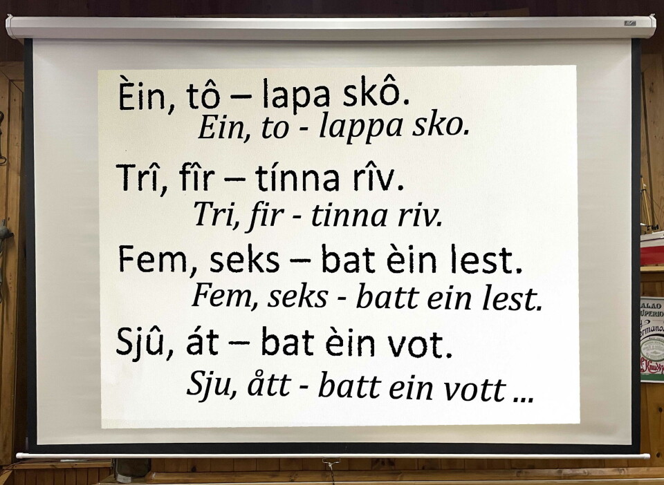 Ein del av den kjende dialektregla som Bjørn delte ut, viser (øvst) hans forslag til skrivemåte og dertil ei form mellom dialekt og nynorsk.
